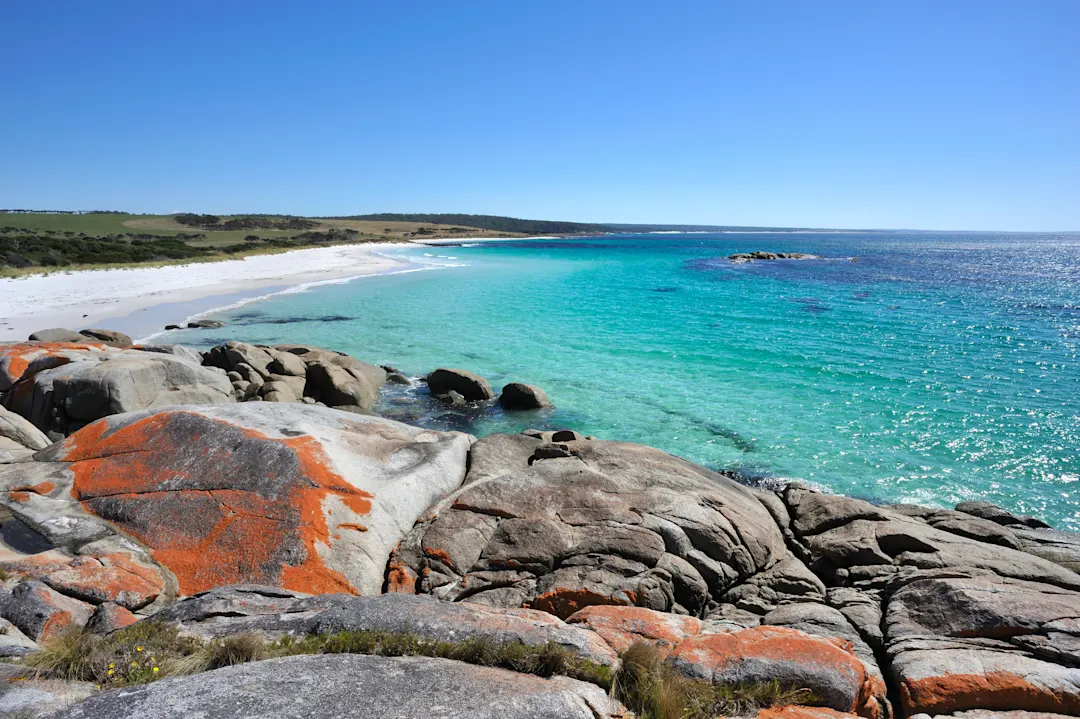 Australien, Tasmanien, Rote Felsen Rote Felsen in der Bay of Fires, Ostküste in Tasmanien, Australien