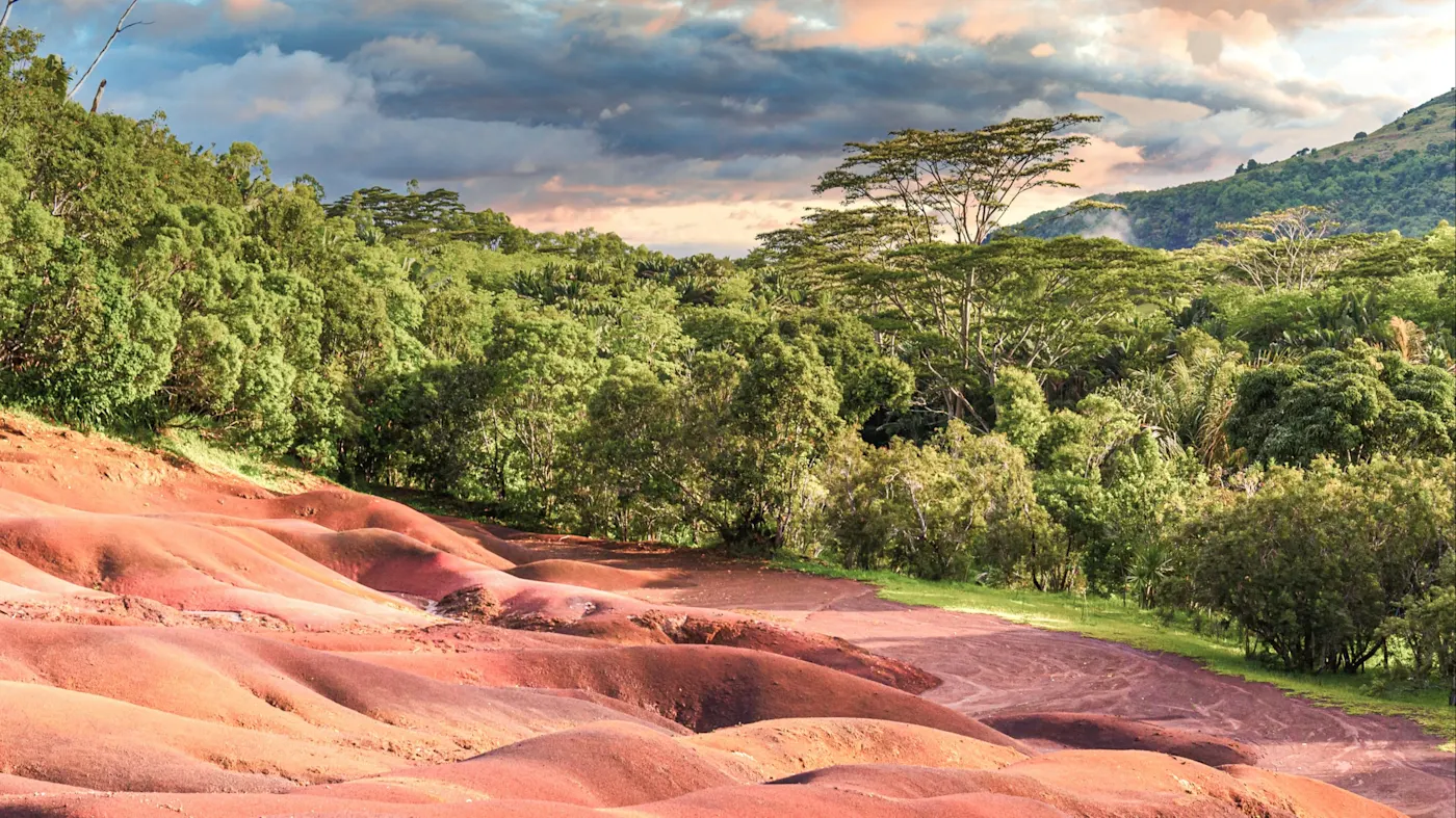 Siebenfarbige Erde inmitten tropischer Vegetation, Mauritius.