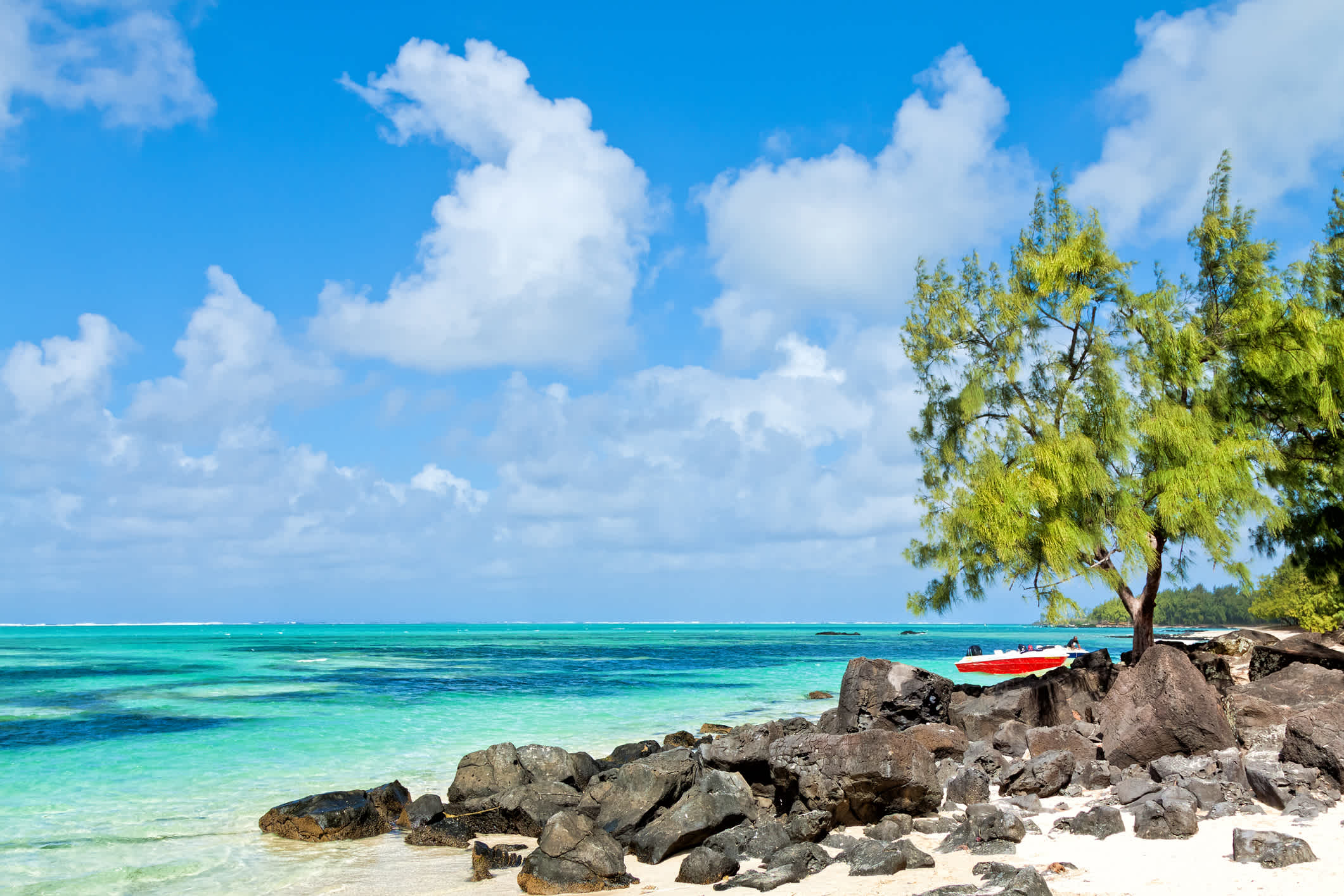 Rochers sur le sable blanc au bord de l'eau cristalline sur la plage de l'Île aux Cerfs, à l'Île Maurice.

