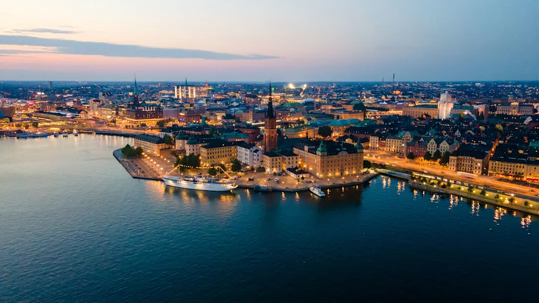 Stockholm, Nacht, Hafen, Stadtsilhouette, Abenddämmerung
