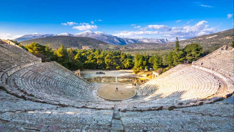The ancient theater of Epidaurus (or "Epidavros"), Argolis Prefecture, Peloponnese, Greece.