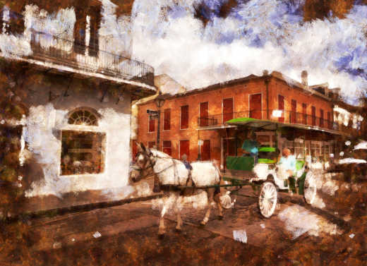 Ein Gemälde mit Pferdekutsche im French Quarter, New Orleans
