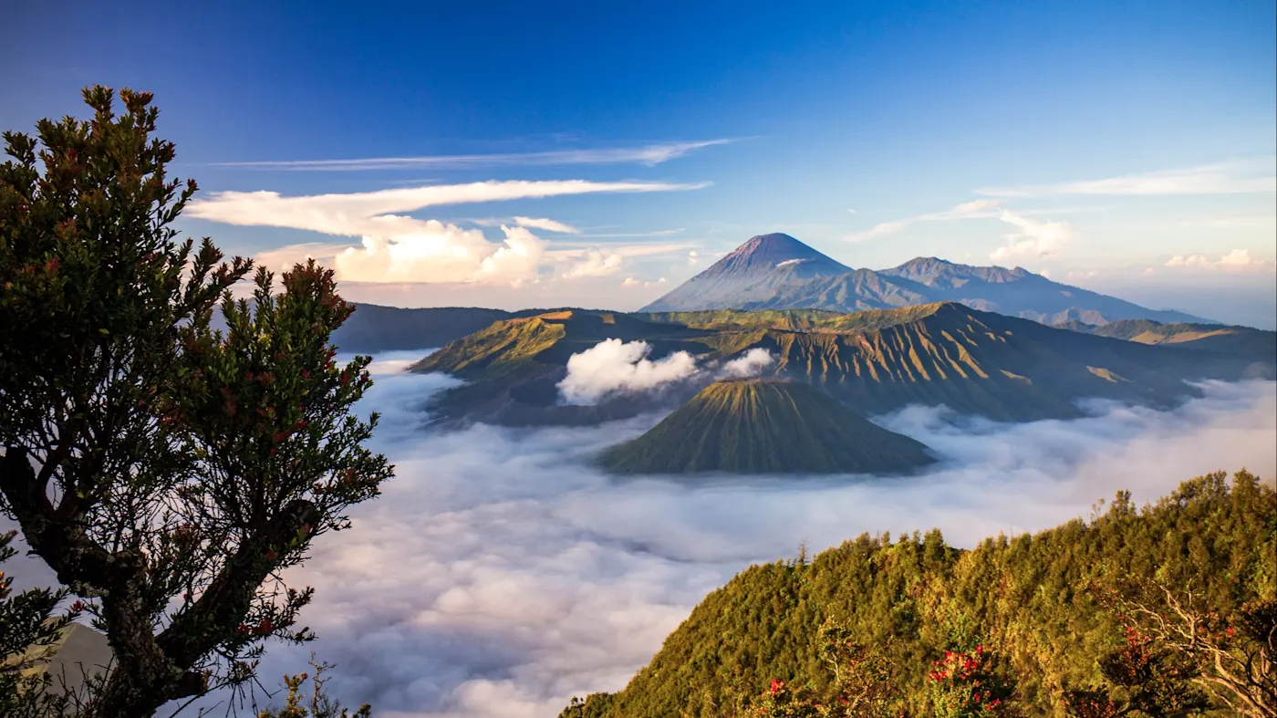 Surabaya, Java, Indonesien Morgennebel am Bromo-Vulkan mit Blick auf die umliegenden Gipfel. Surabaya, Java, Indonesien.