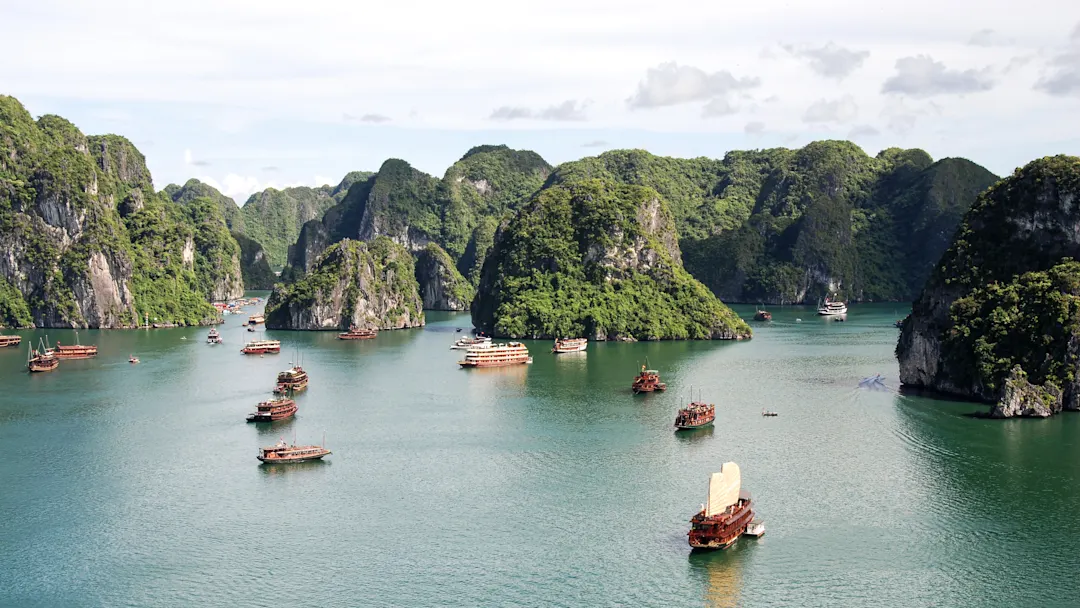 Traditionelle Boote in der Halong-Bucht zwischen grünen Kalksteinfelsen. Halong, Quang Ninh, Vietnam.
