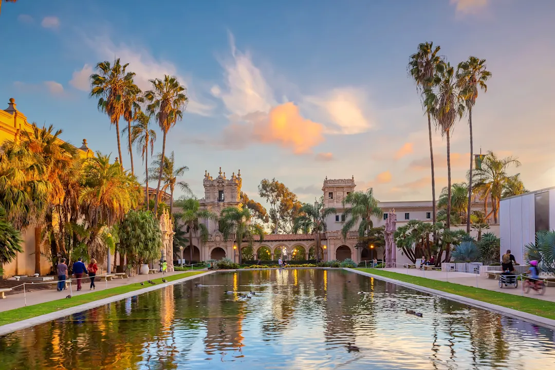 San Diego, California, Balboa Park San Diego Balboa öffentlicher Park bei Sonnenuntergang in Kalifornien