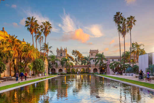 San Diego Balboa öffentlicher Park bei Sonnenuntergang in Kalifornien