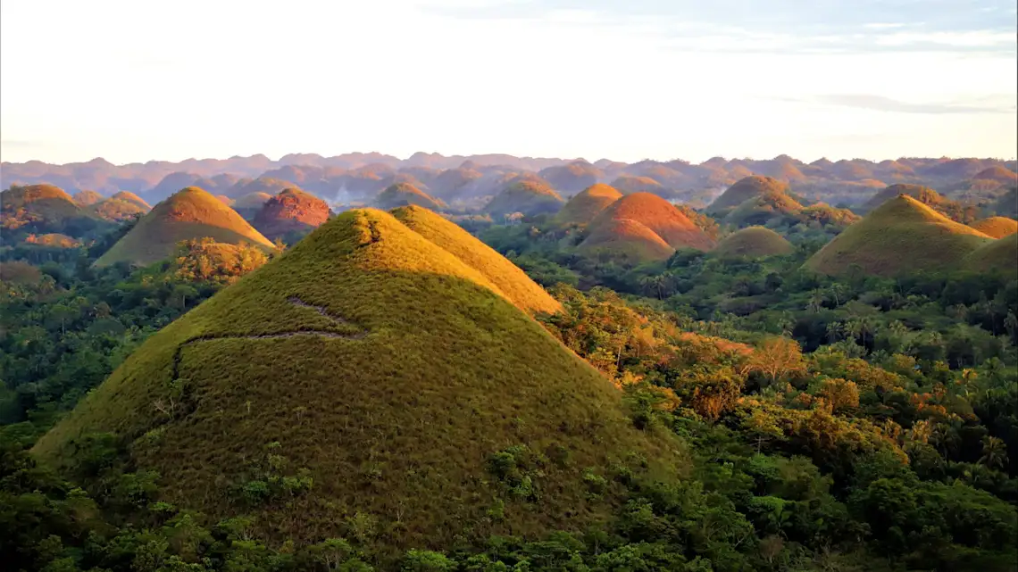 Die berühmten Chocolate Hills auf Bohol, Philippinen - kegelförmige Hügel im goldenen Sonnenlicht über grünem Dschungel.