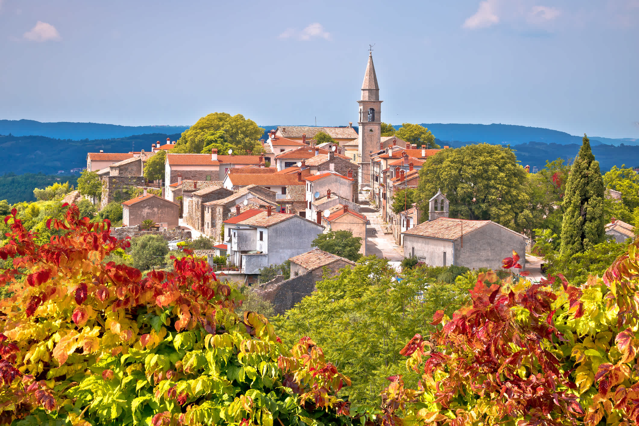 Vue aérienne d'une ville de montagne entourée de végétation à Draguc, en Croatie