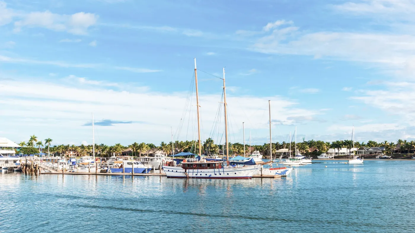 Denarau, Viti Levu, Fidschi Hafen mit Segelbooten und Palmen im Hintergrund unter klarem Himmel. Denarau, Viti Levu, Fidschi.
