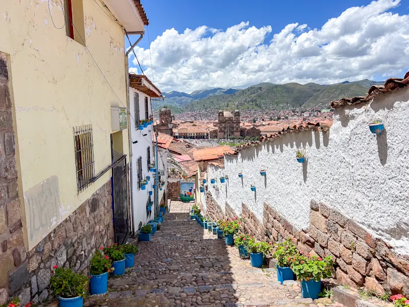 Schmale Steinstraße mit blauen Blumentöpfen

