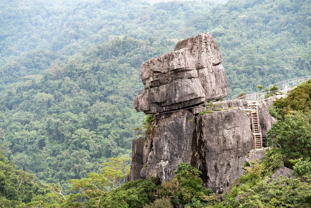 Markante Felsformation mit Aussichtsplattform und Treppen, umgeben von dichtem grünen Regenwald im Nebel.