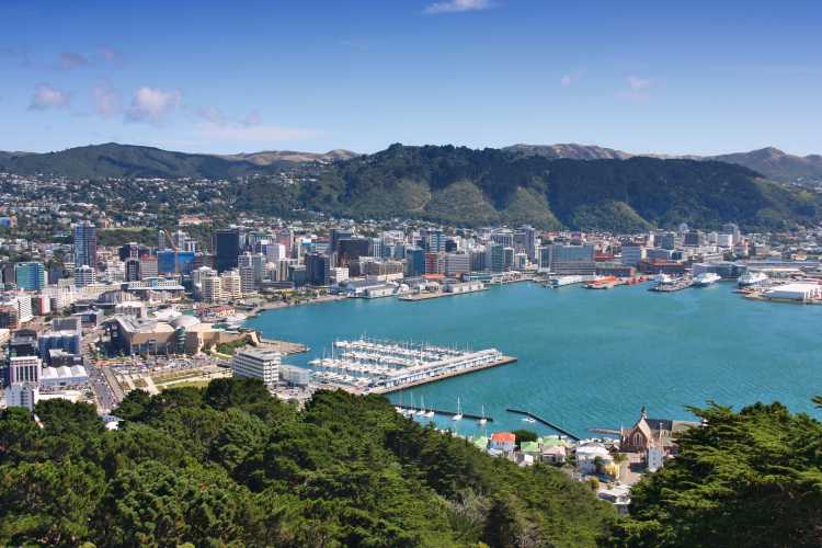 Oceania, New Zealand, view from above of wellington as the sun sets.