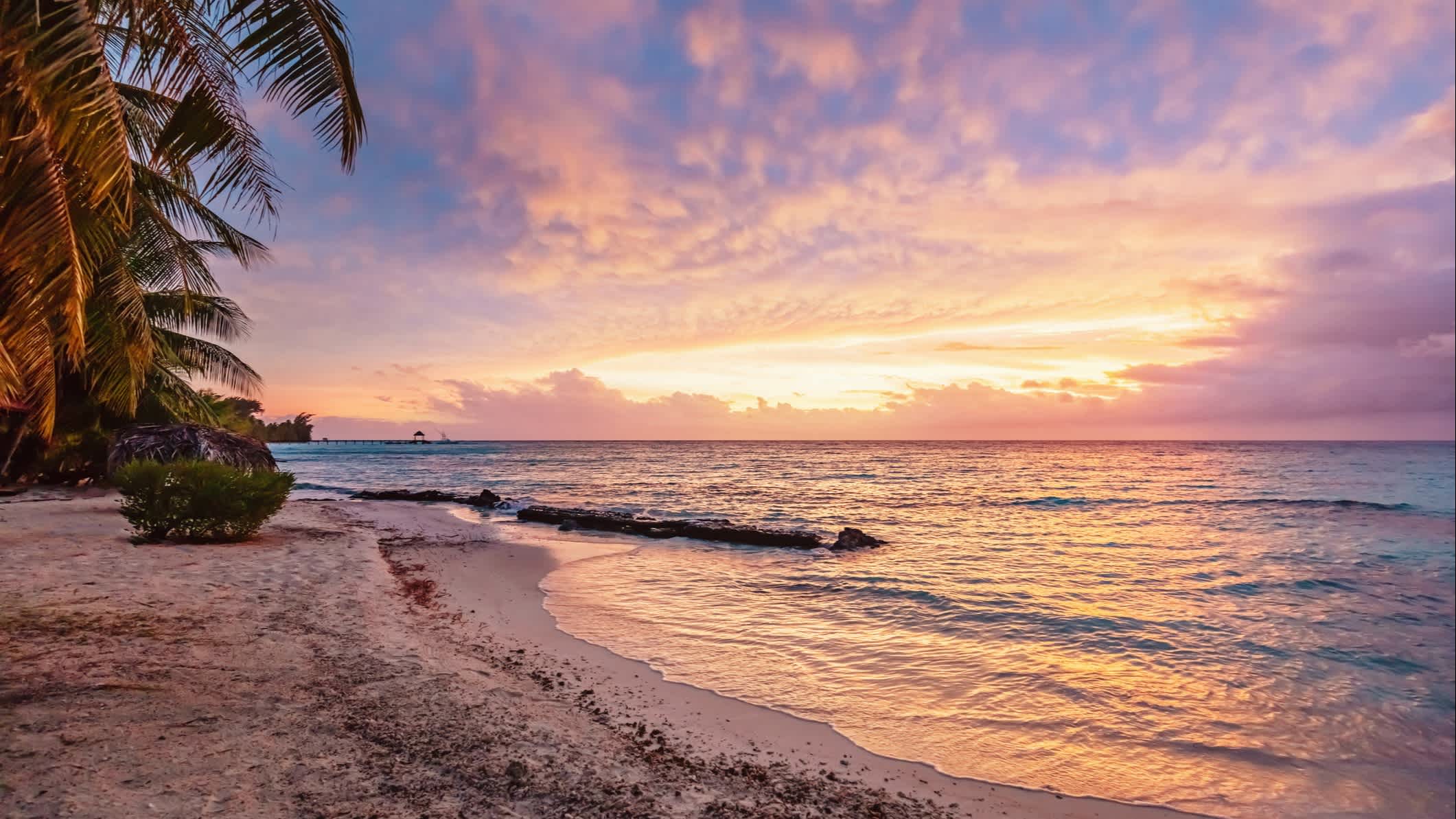 Coucher de soleil rose sur une plage déserte bordée de palmiers, à Viti Levu, au Fidji