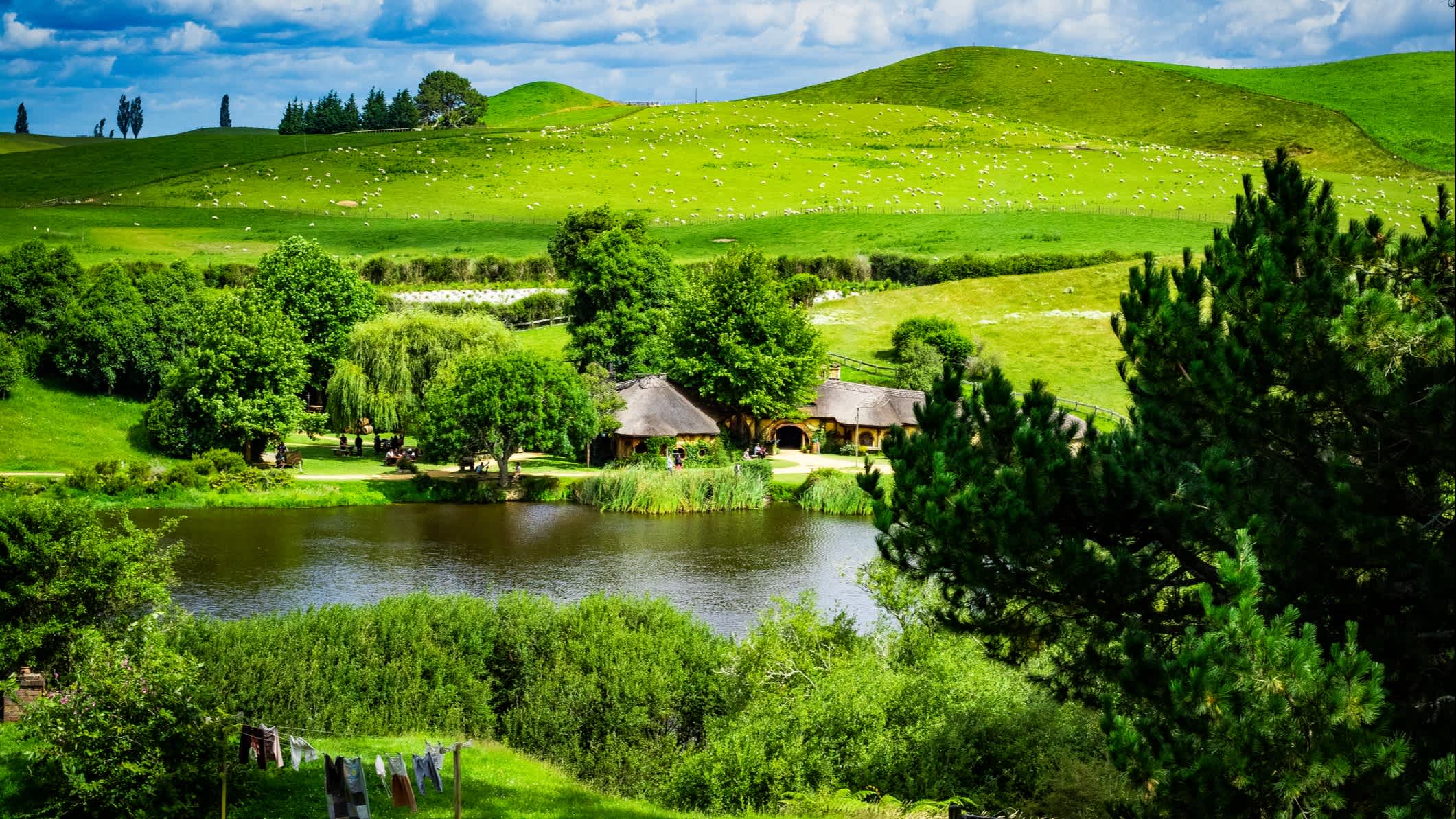 Das Panorama von Hobbiton Filmset, Waikato, Neuseeland. 