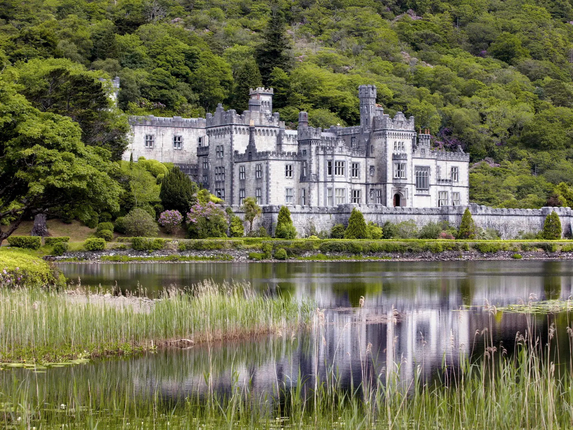 A view of Kylemore Abbey, Connemara, Ireland.

