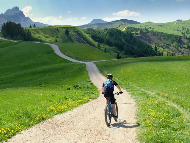 Personne en VTT sur une route de terre sinueuse dans un paysage de collines verdoyantes, Dolomites, Trentin-Haut-Adige, Italie