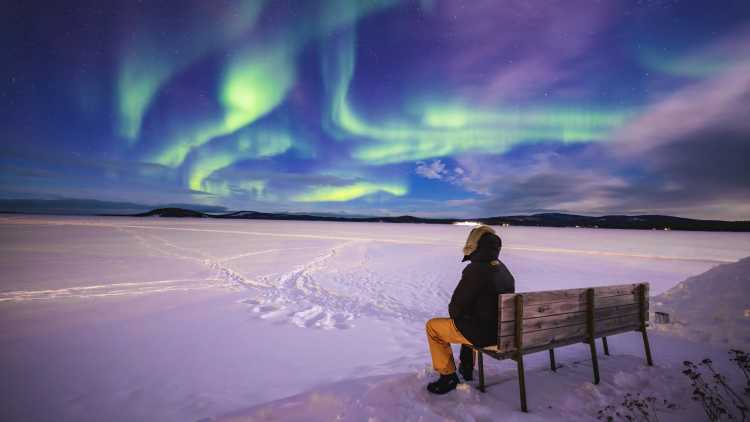 Un voyageur admirant une aurore boréale lors d'un voyage.