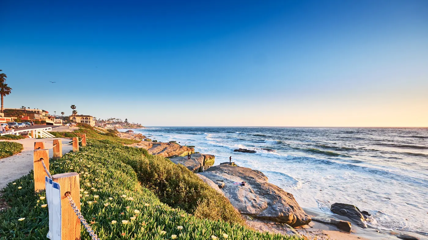 San Diego, Kalifornien, Vereinigte Staaten Küstenblick bei Sonnenuntergang mit Felsen, Blumen und dem Ozean. San Diego, Kalifornien, Vereinigte Staaten.
