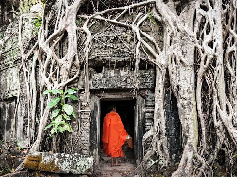 Mönch steht vor einem Tempeltor, das von Baumwurzeln überwuchert ist. Angkor, Siem Reap, Kambodscha.
