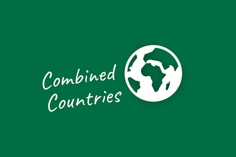 Ein grüner Hintergrund mit weißem Text, auf dem "Kombinierte Länder" steht, neben einer einfachen weißen Weltkugel, die Afrika, Europa und Teile Asiens darstellt.