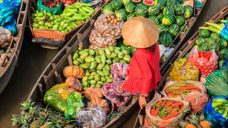 Vietnamesische Frau verkauft Obst auf schwimmenden Markt, Mekong-Fluss-Delta, Vietnam 
