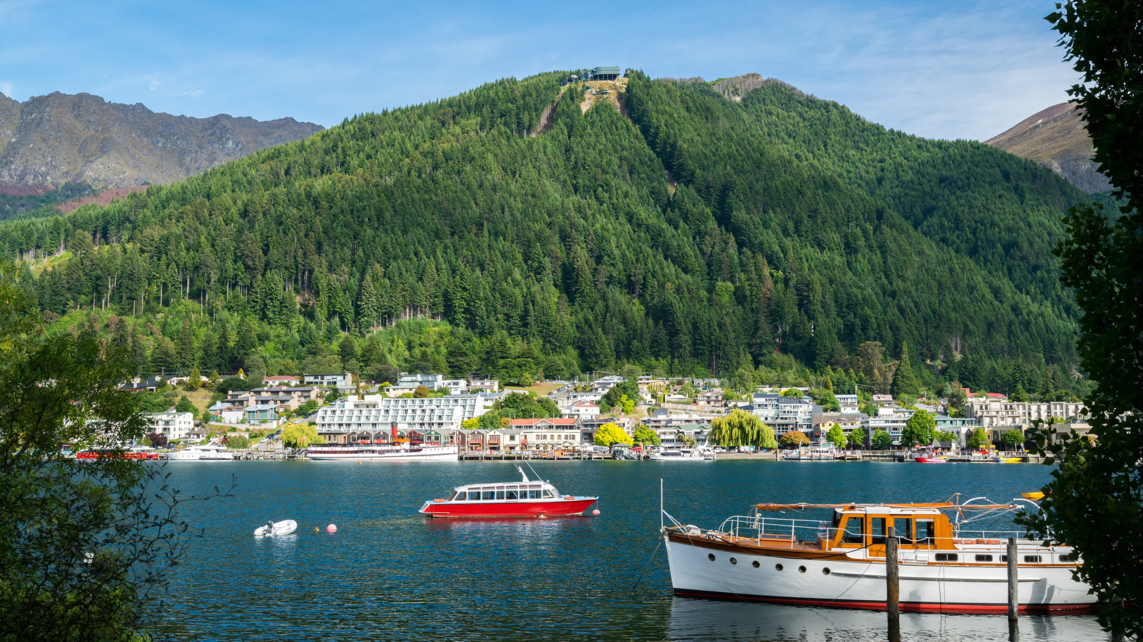 Oceania, New Zealand, view of Queenstown harbor with a green forested hill in the background.