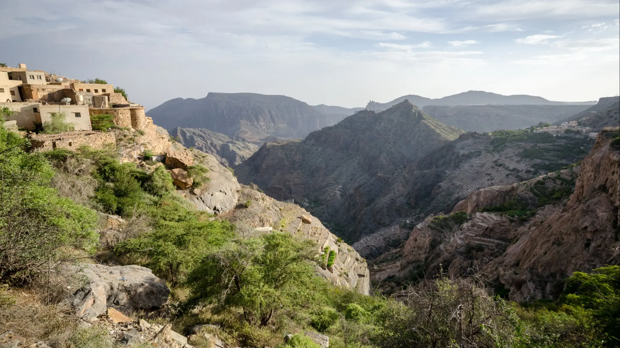 Aussicht auf verlorenen Dörfer von Diana Viewpoint, Jebel Akhdar, Oman.