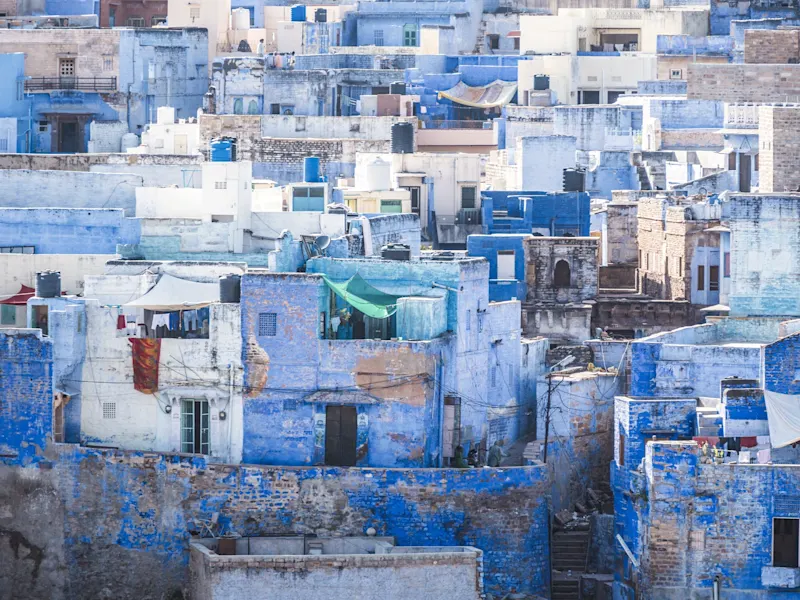 Jodhpur, Rajasthan, Indien Blaue Häuser in der Altstadt von Jodhpur, bekannt als die "Blaue Stadt". Jodhpur, Rajasthan, Indien.