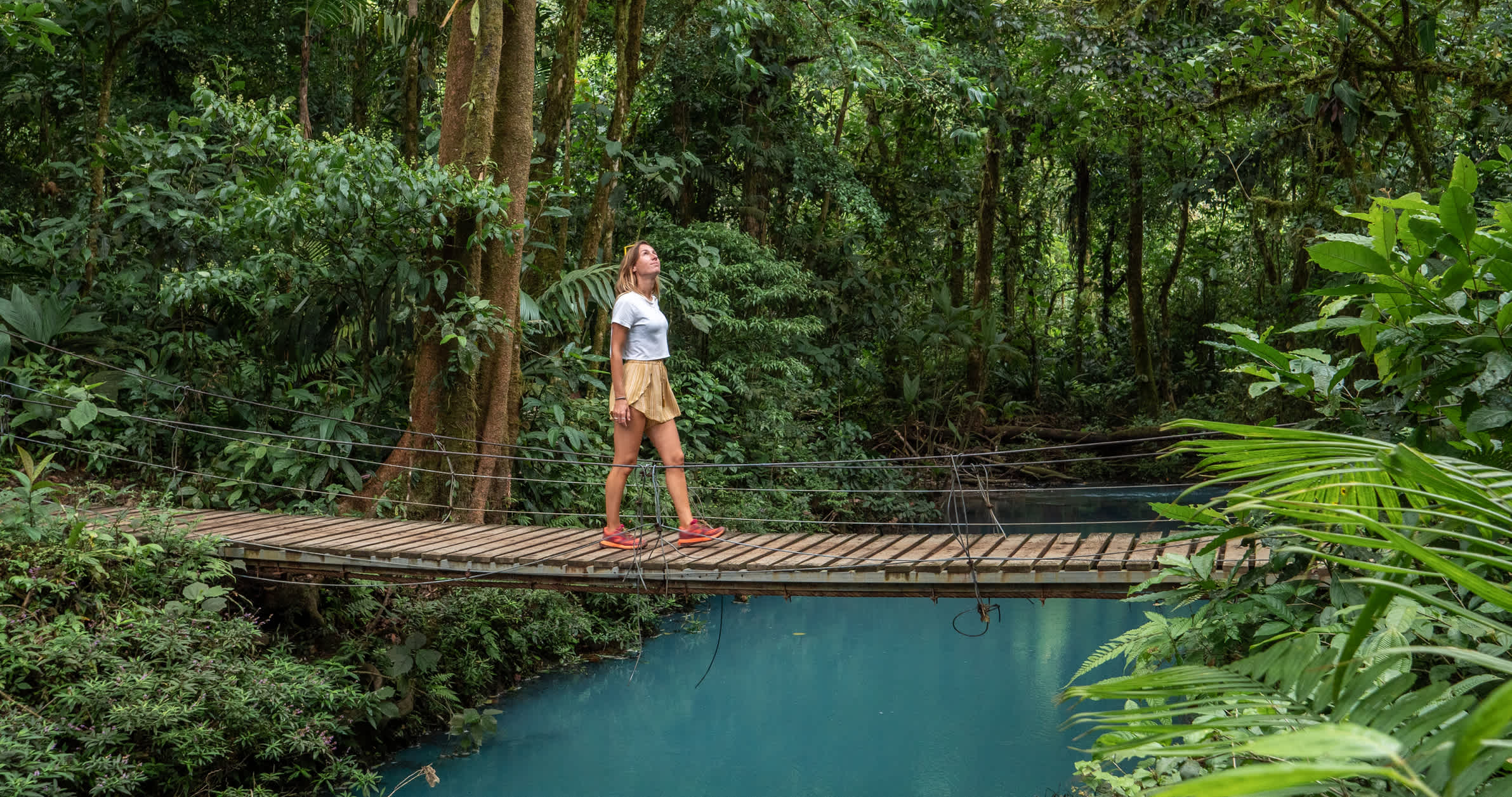 Junge Frau, die durch den Regenwald wandert und auf der Brücke über die türkisfarbene Lagune spazieren geht 