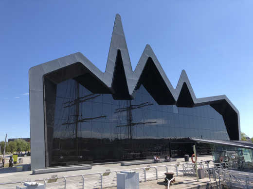 View of the Riverside Museum of Transport designed by architect Zaha Hadid in Glasgow, Scotland