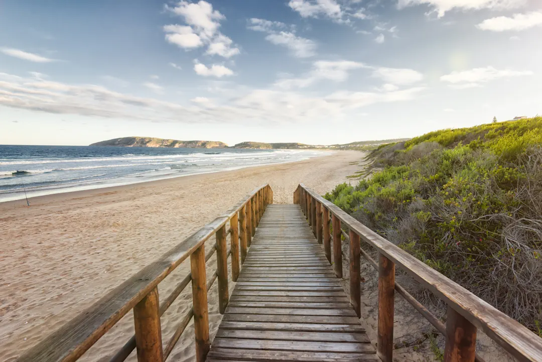 Robberg-Naturreservat, Südafrika Aufnahme eines Holzsteges im Robberg-Naturreservat