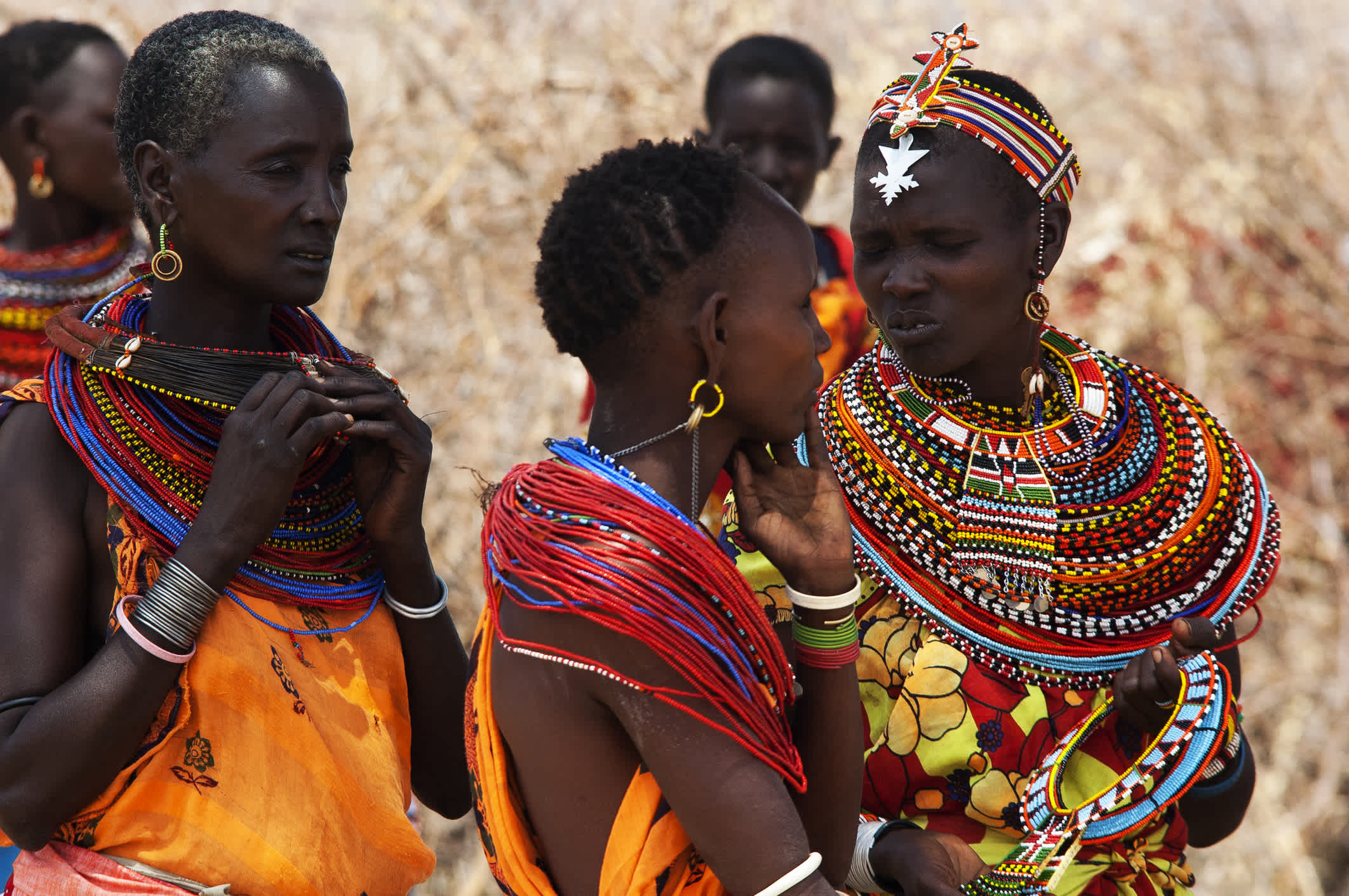 Samburu Women with traditional clothes and necklaces nearby the National Reserve, Kenya