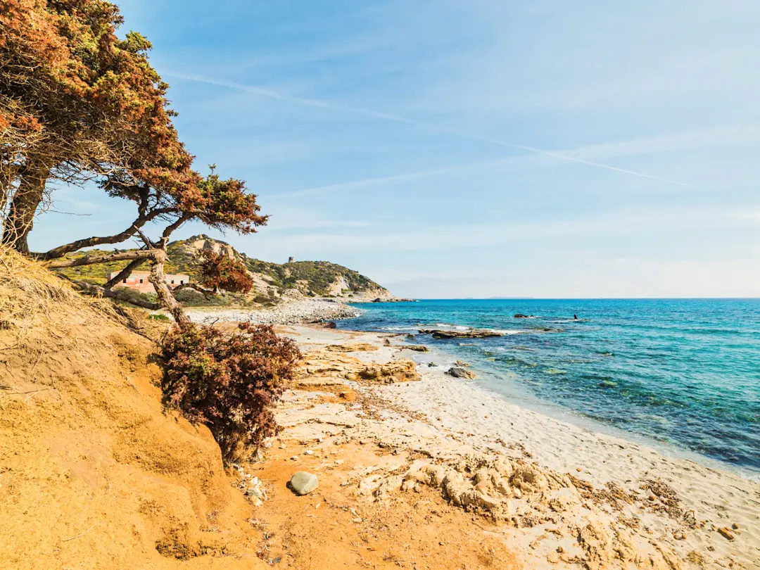 Felsige Küste mit goldenem Sand und türkisfarbenem Wasser. Capo Comino, Sardinien, Italien.