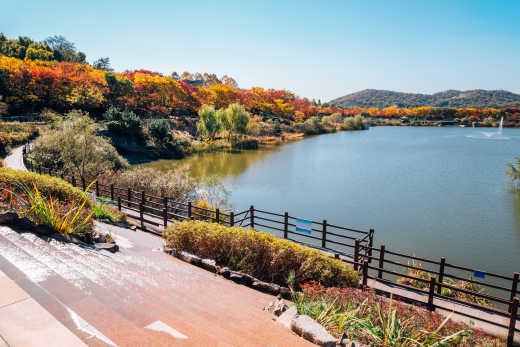 See und Herbstlaubfärbung im Grand Park in Incheon