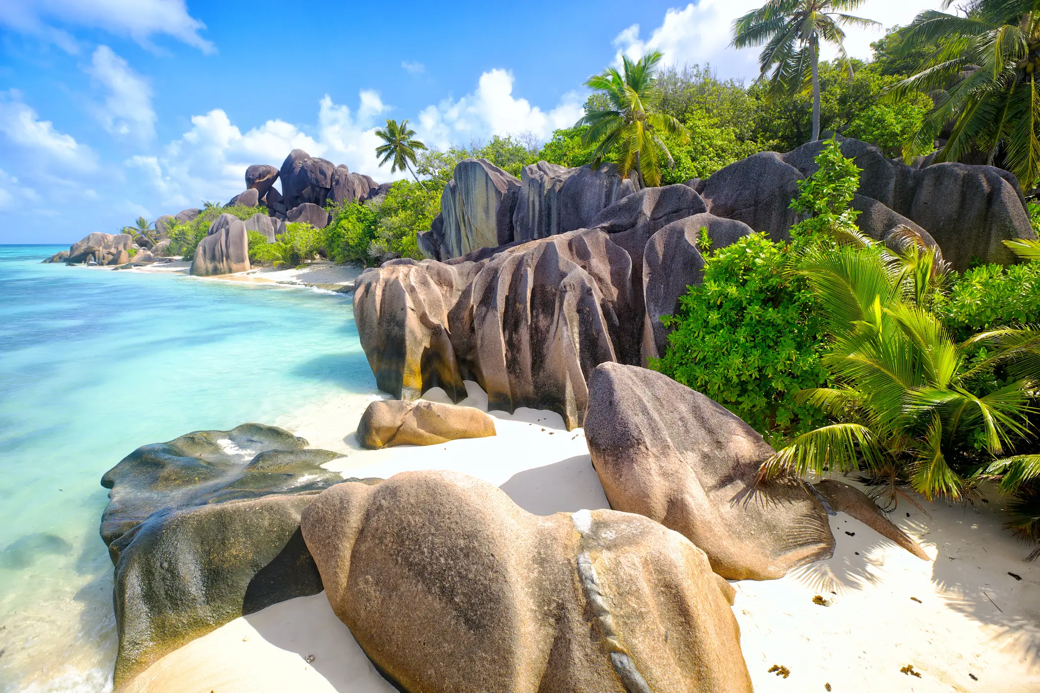 Plage de sable Anse Source d'Argent, île de La Digue, Seyshelles