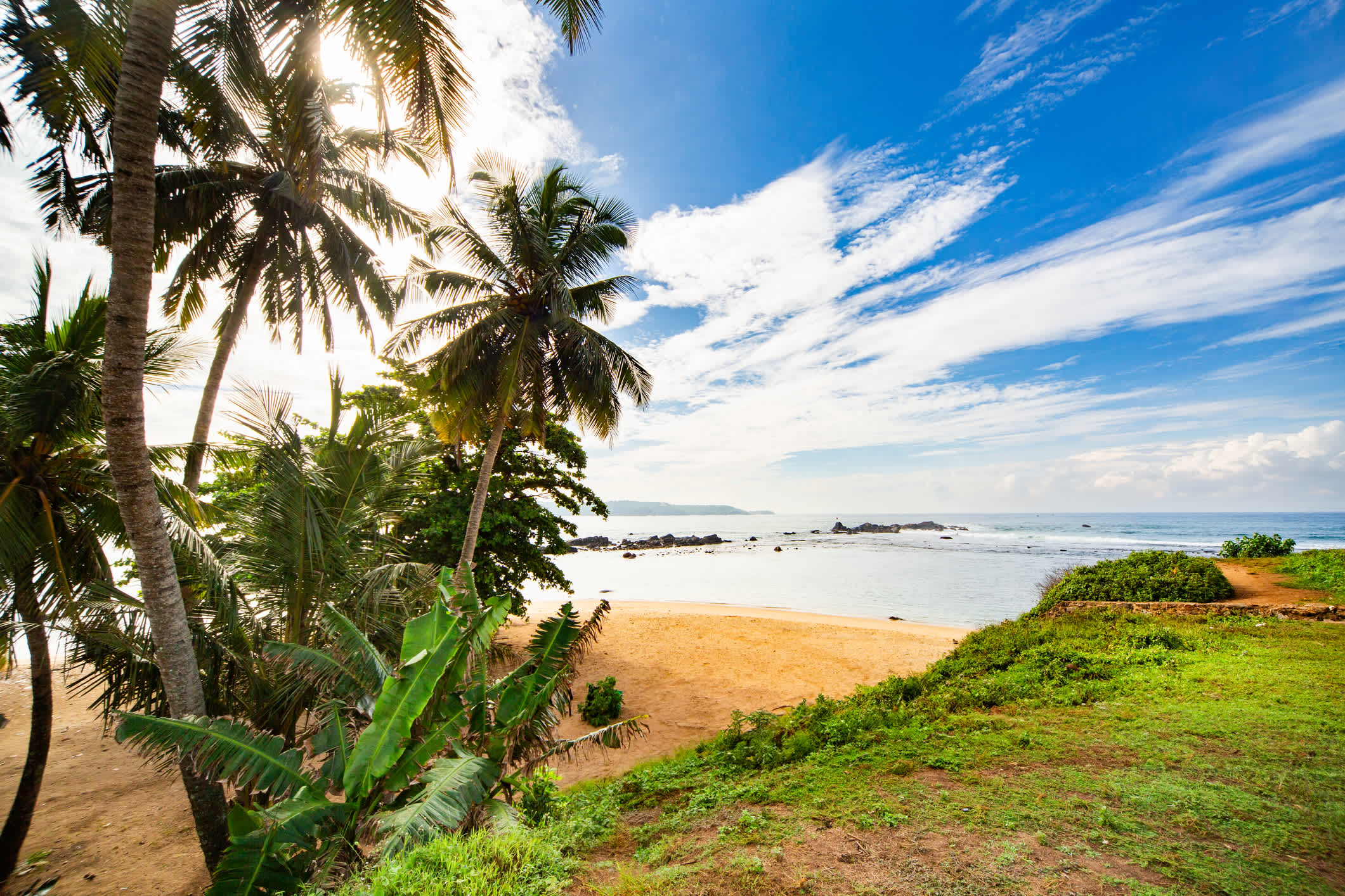 Ein tropischer Strand mit Palmen und ruhigem Meer in Galle Fort.