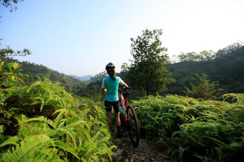  Eine Frau mit ihrem Mountainbike auf tropischen Waldweg