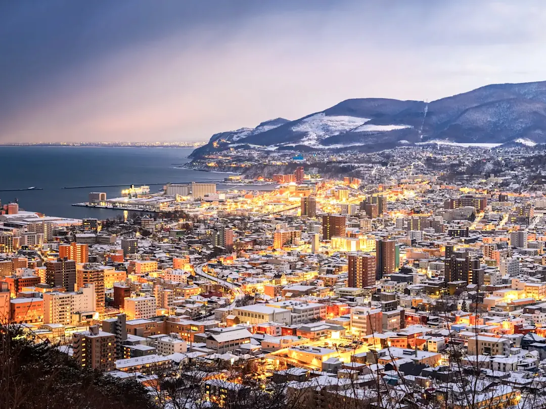 Japan, Hokkaido, Städtereisen Panoramablick auf eine Küstenstadt mit Lichtern, Schnee und Bergen im Hintergrund. Hokkaido, Japan.