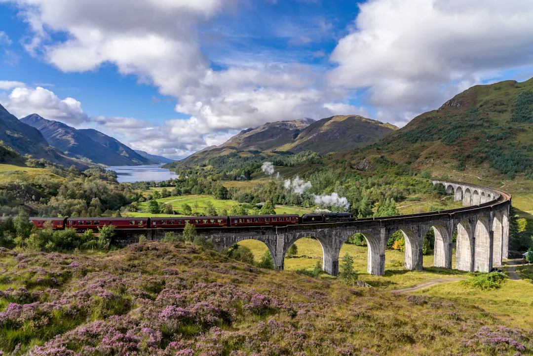 Historisches Eisenbahnviadukt mit Dampflok in grüner Landschaft. Glenfinnan-Viadukt, Schottland, Vereinigtes Königreich.