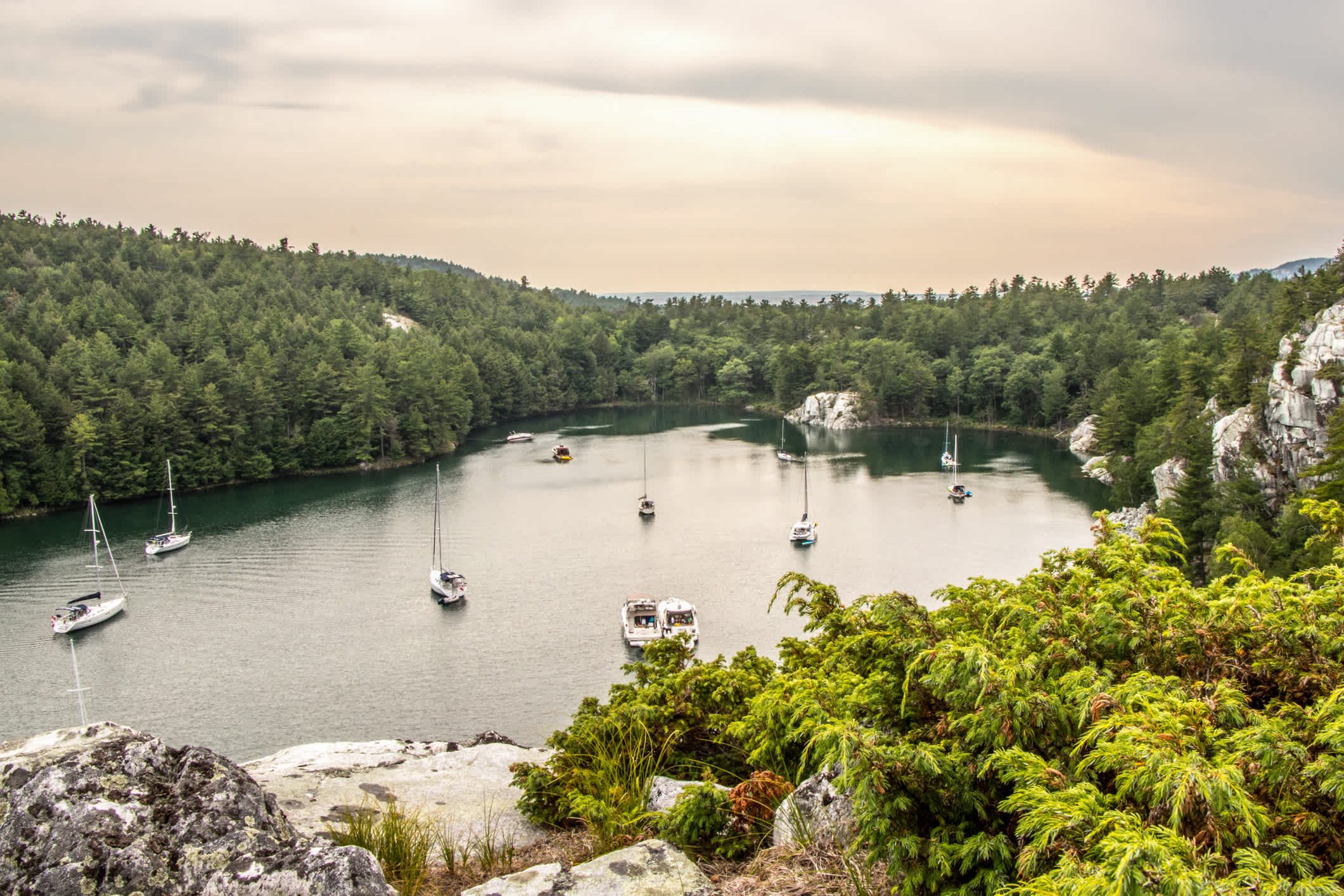 Segelboote in dem Killarney Provincial Park umgeben von weiten Wäldern