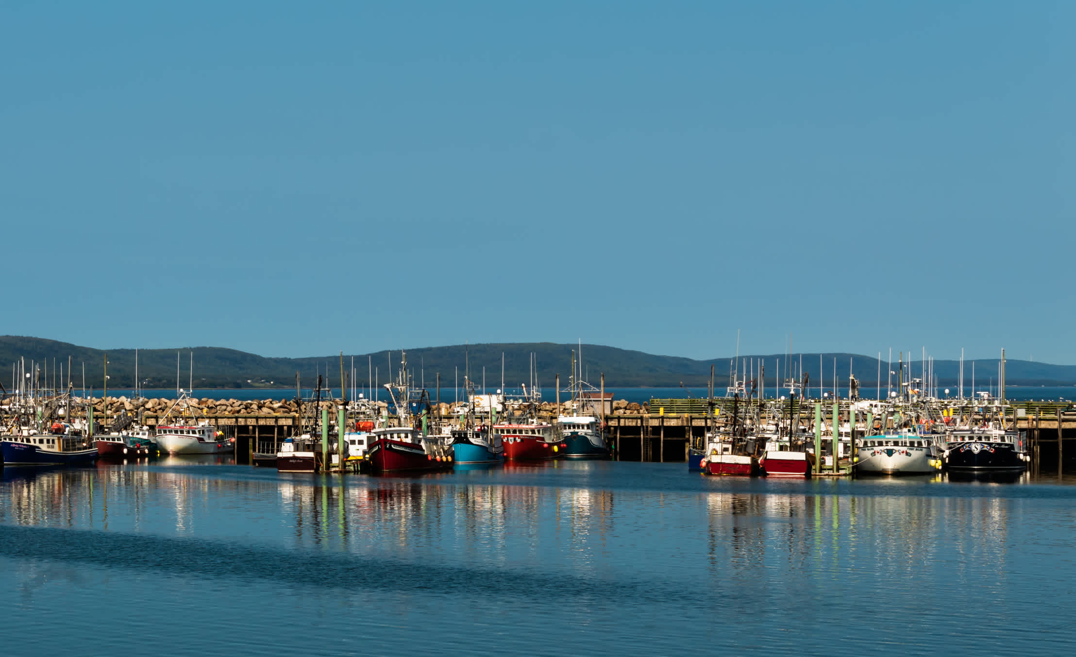 Bateaux de pêche alignés sur le quai à marée haute à Digby en Nouvelle-Écosse au Canada.