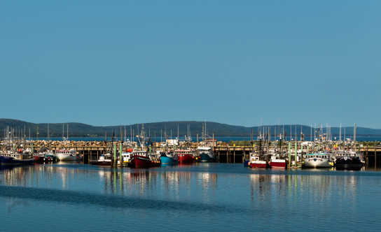 Fischerboote aufgereiht am Kai bei Flut in Digby, Nova Scotia, Kanada.