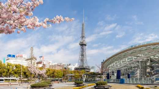 Tour de télévision et Oasis21 avec cerisier en fleurs, Nagoya, Japon

