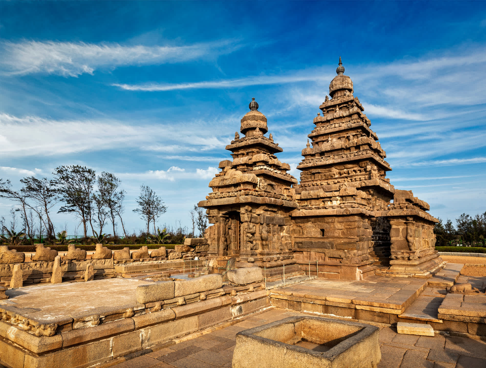 Der von der UNESCO als Weltkulturerbe gelistete Tempelbezirk in Mahabalipuram, Tamil Nadu.