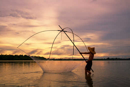 Un pêcheur maniant un filet de pêche chinois au coucher du soleil à Cochin, en Inde
