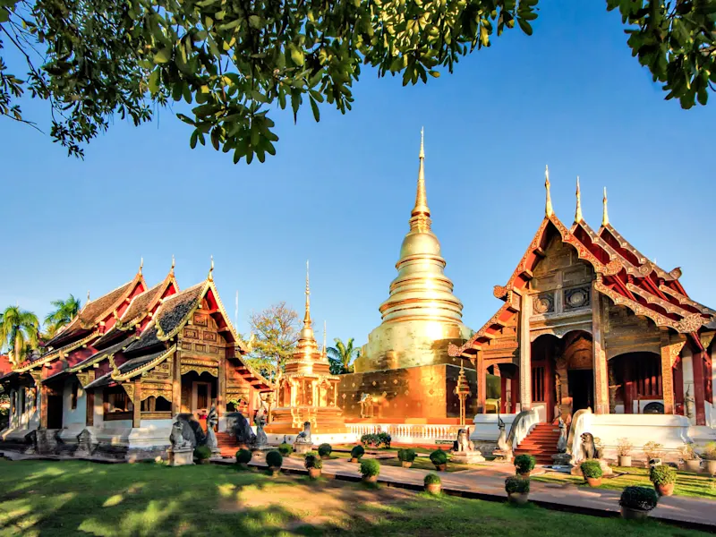 Thailand, Chiang Mai, Wat Phra Singh Goldene Chedi und verzierte Tempel im Sonnenlicht. Wat Phra Singh, Chiang Mai, Thailand.