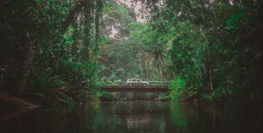 Auto oder SUV überquert die Brücke über den Fluss in der Dschungelumgebung in Costa Rica. Erkundung mit dem Auto, epischer Roadtrip, abenteuerliche Kulisse für eine Autoreise. Nächster Halt - Abenteuer.