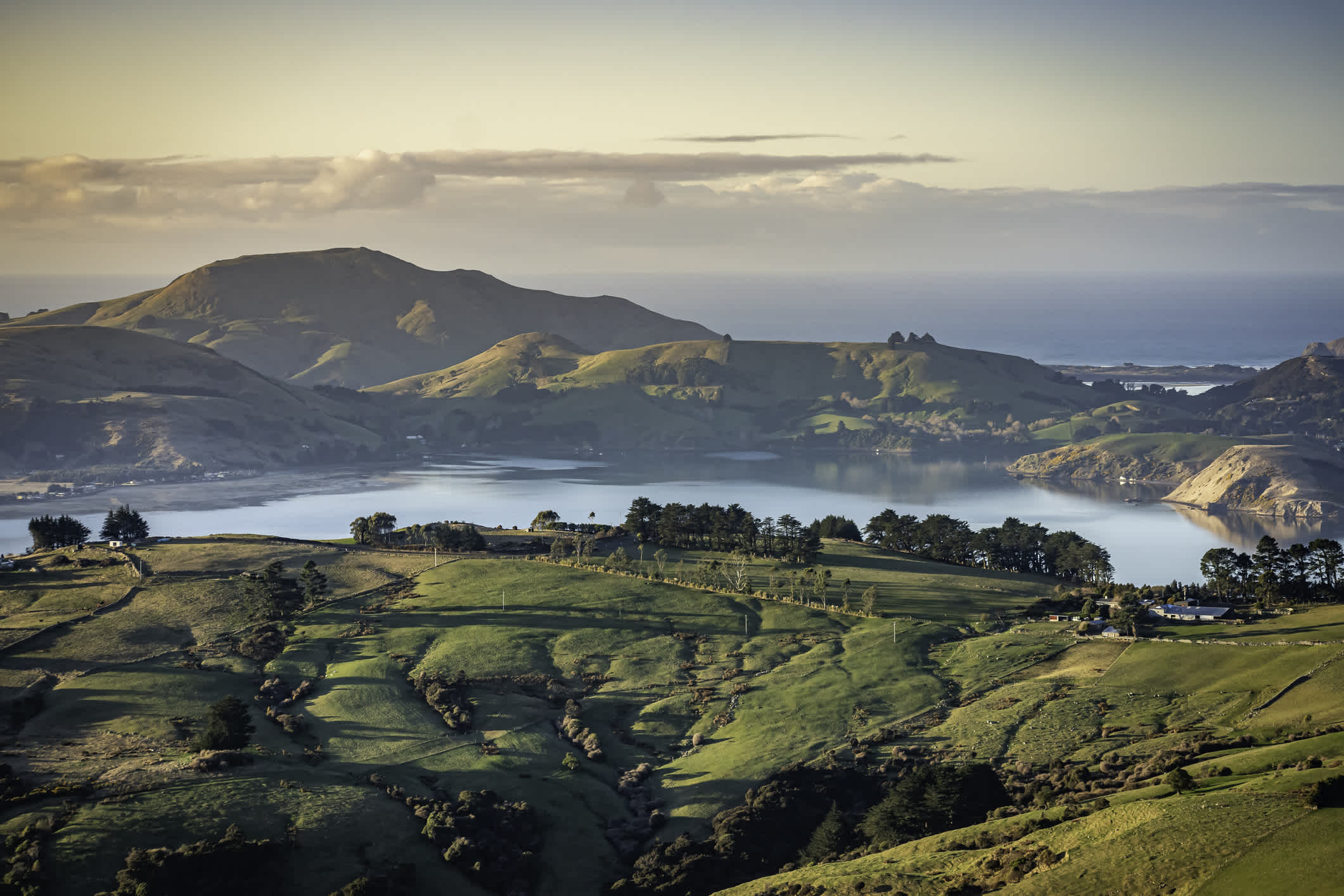 Vue aérienne de la péninsule d'Otago avec ses douces collines et ses terres agricoles au lever du soleil, Dunedin, Nouvelle-Zélande