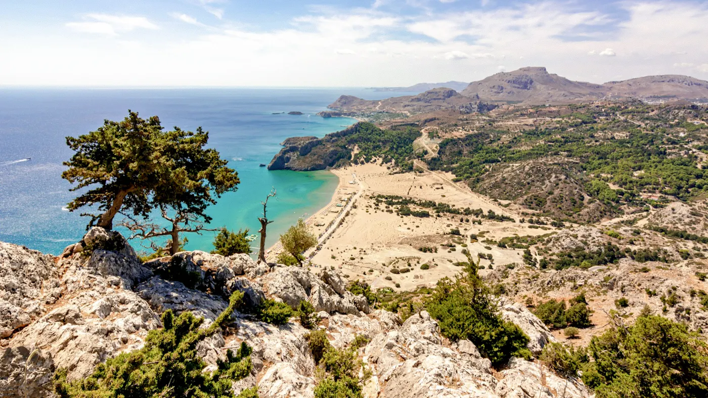 Griechenland, Rhodos Der Blick auf den Tsampika Strand auf Rhodos, Griechenland