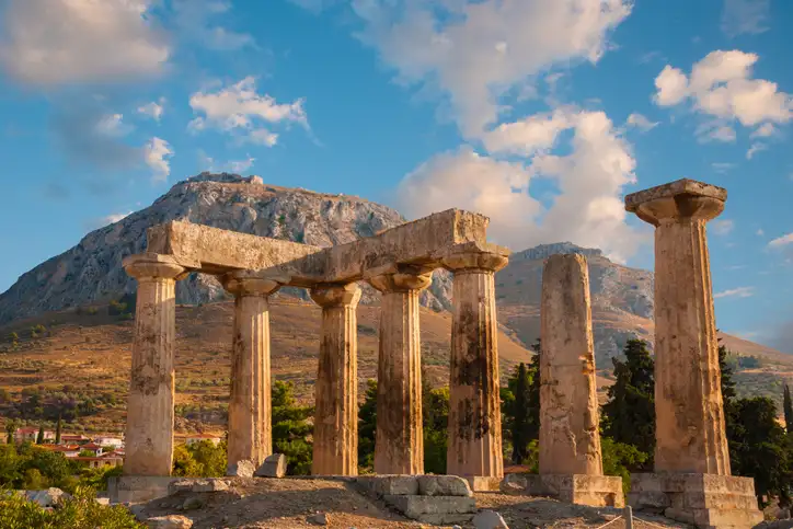 Visit the famous ruins of Corinth during your vacation in the Peloponnese.